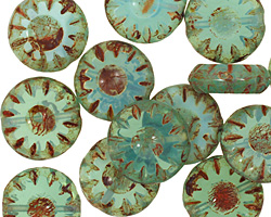 Czech Glass Caribbean Blue Sunflower Coin 14mm