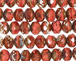 Czech Glass Pink Silk Quartz Picasso Fire Polished Rondelle 6x9mm