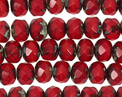 Czech Glass Siam Ruby Picasso Fire Polished Rondelle 6x9mm