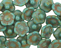 Czech Glass Picasso Blue Green Flower Button 12x7mm
