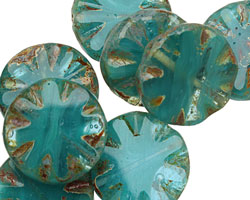 Czech Glass Aquamarine Water Flower Window Cut Coin 18mm