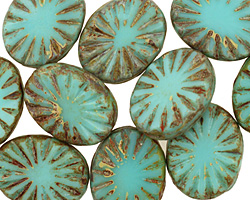 Czech Glass Turquoise Picasso Flower Window Oval 17x13mm