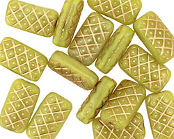 Czech Glass Lustered Chartreuse Patterned Rectangle 14x8mm