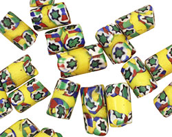 African Trade Bead (blue, green w/ yellow) Barrel 11-15x7-8mm