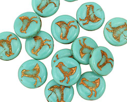 Czech Glass Turquoise Coin w/ Bird 11mm