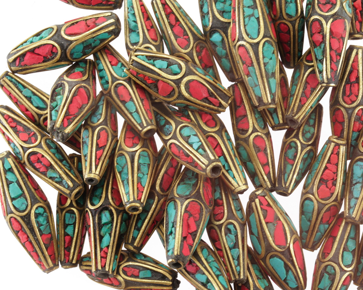 Nepalese Brass Rice Bead w/ Turquoise & Coral Mosaic 22-30x8-10mm