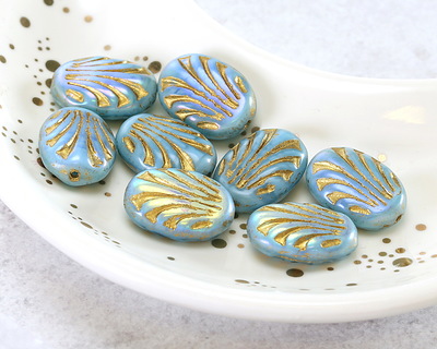Czech Glass Blue Opal Swirl AB w/ Gold Fan Oval 17x12mm