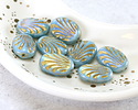 Czech Glass Blue Opal Swirl AB w/ Gold Fan Oval 17x12mm