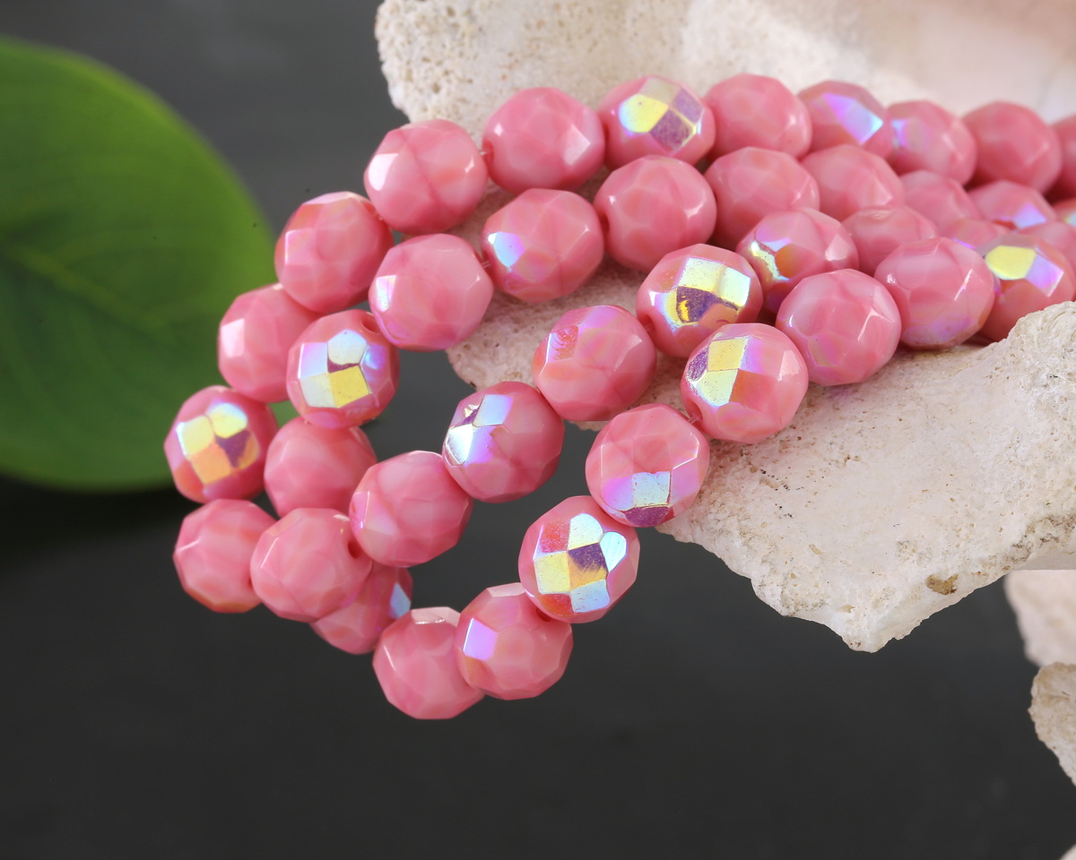 Czech Glass Desert Rose w/ AB Fire Polished Round 8mm