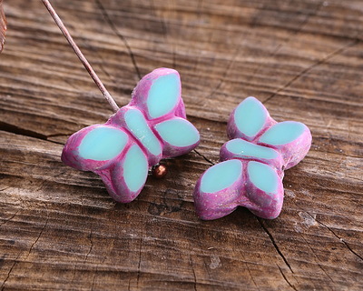 Czech Glass Turquoise w/ Matte Pink Butterfly 11x20mm