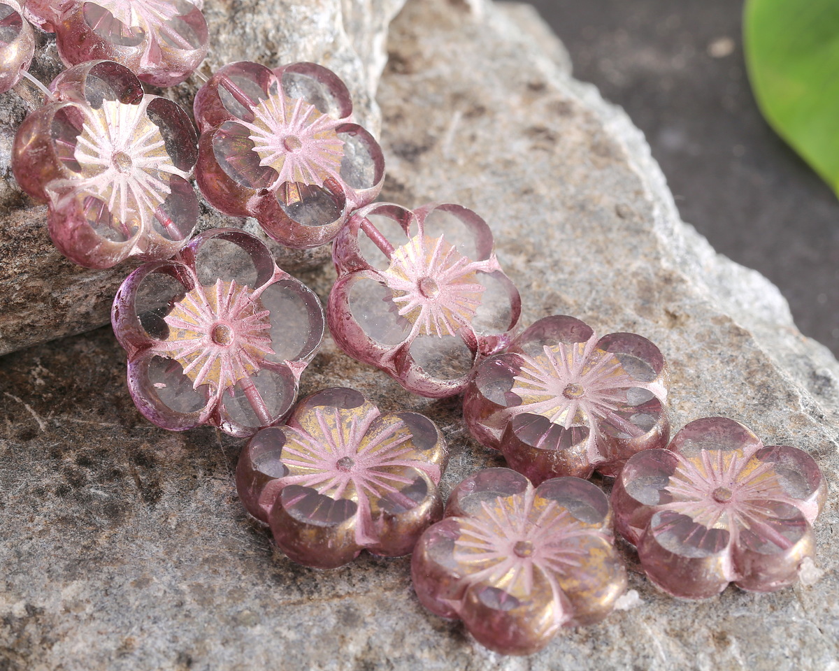 Czech Glass Bronzed Crystal w/ Mulberry Hibiscus Coin 21mm