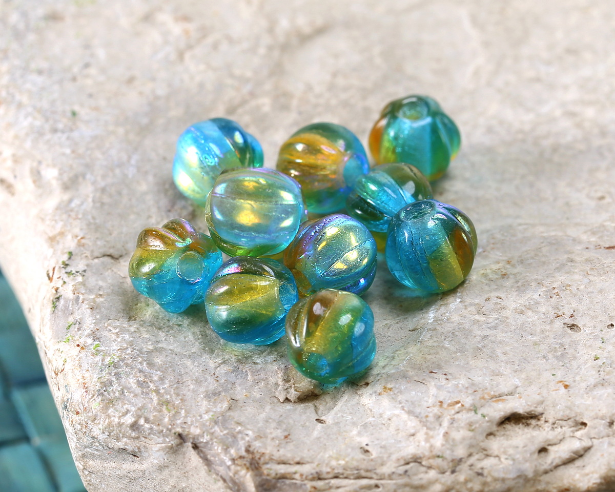 Czech Glass Seaweed AB Large Hole Melon Round 6mm