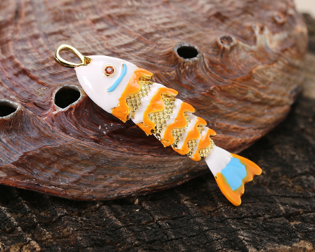 18k Gold (plated) White, Orange, & Aqua Enamel Articulated Fish Focal 10.5x46mm