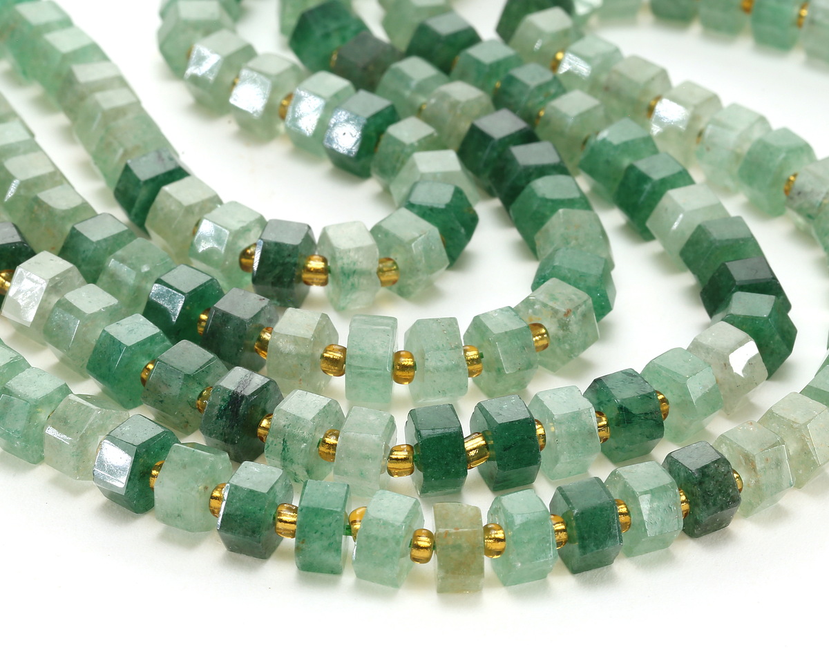 Green Strawberry Quartz Microfaceted Hexagon Heishi 4x8mm