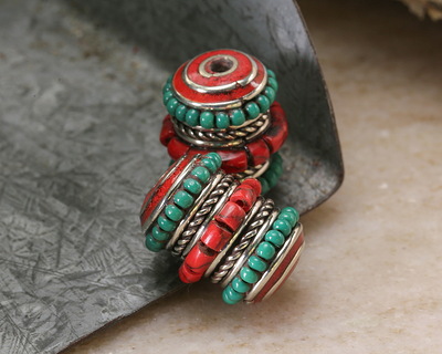 Nepalese White Brass Ropes w/ Coral & Turquoise Bands Barrel 17x13mm