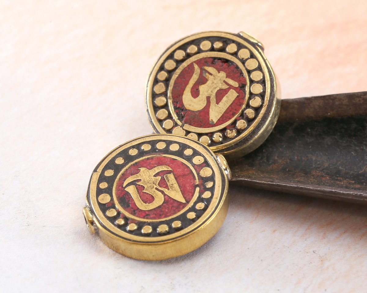 Nepalese Brass Om w/ Inlaid Coral Coin Bead 20mm