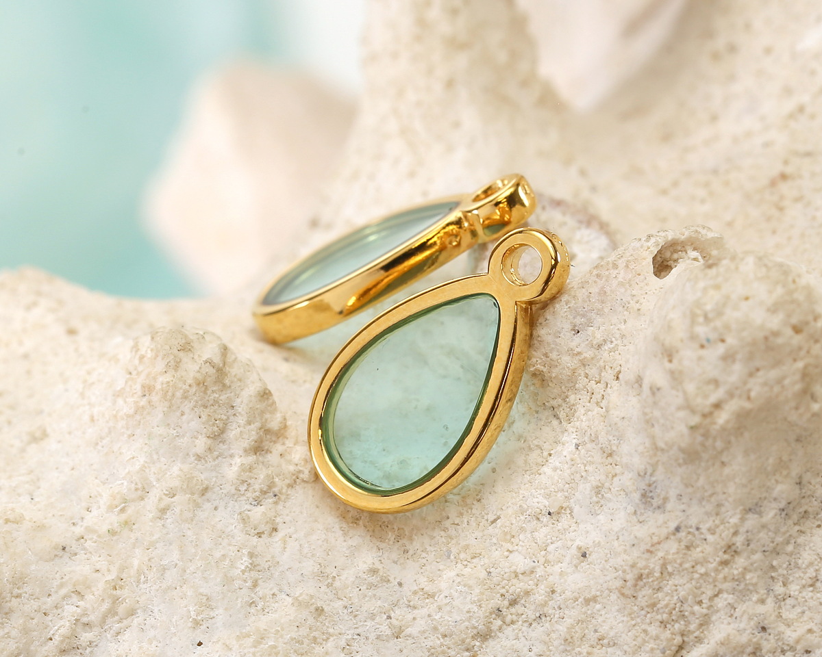 24K Gold (Plated) Transparent Sea Green Resin Drop Focal 8x15mm