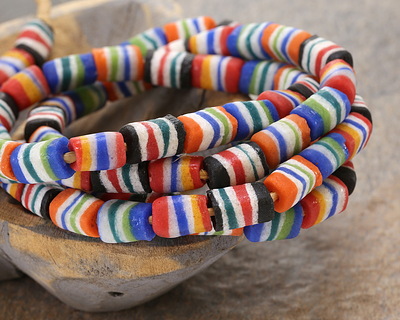 African Glass (Krobo) Multi Color Stripes Powder Glass 4-Sided Beads 15-17x11mm
