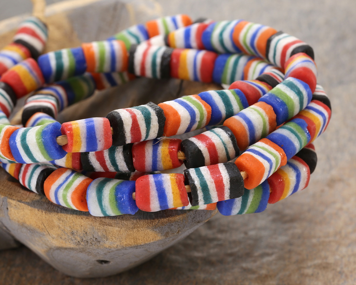 African Glass (Krobo) Multi Color Stripes Powder Glass 4-Sided Beads 15-17x11mm