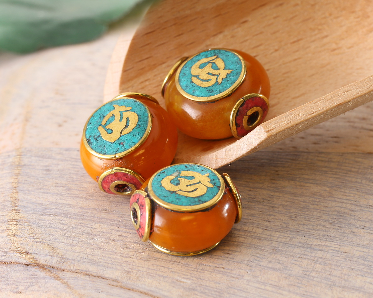 Nepalese Resin Amber & Brass w/ "Om" on a Turquoise Center & Coral Ends Coin Bead 17x19mm