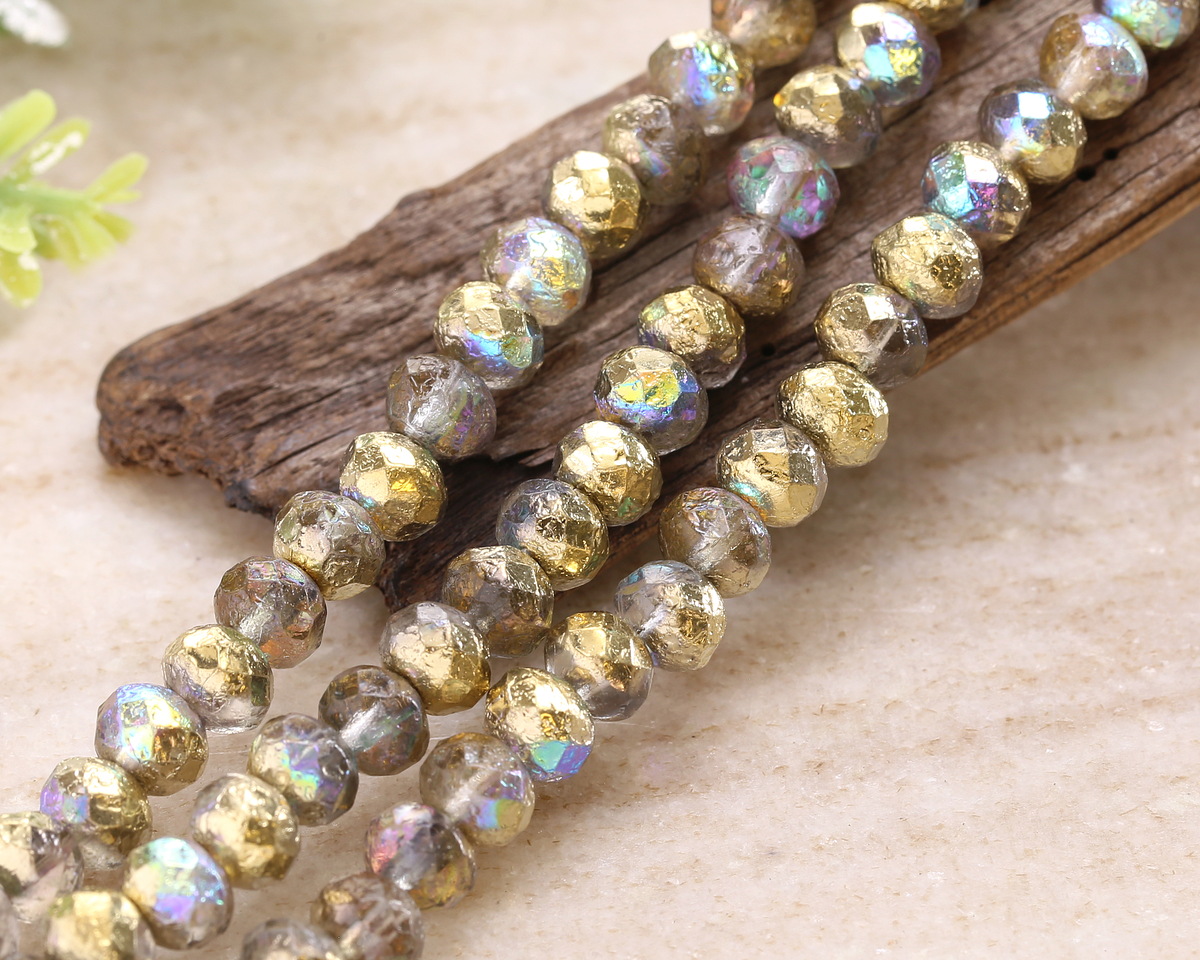 Czech Glass Etched Crystal AB w/ Gold & Silver Luster Fire Polished Rondelle 5x7mm