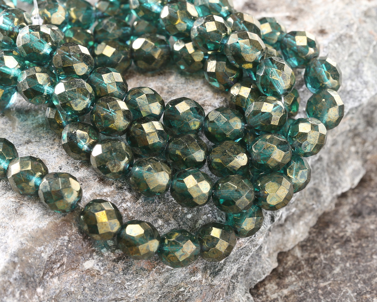 Czech Glass Emerald w/ Gold Luster Fire Polished Round 8mm