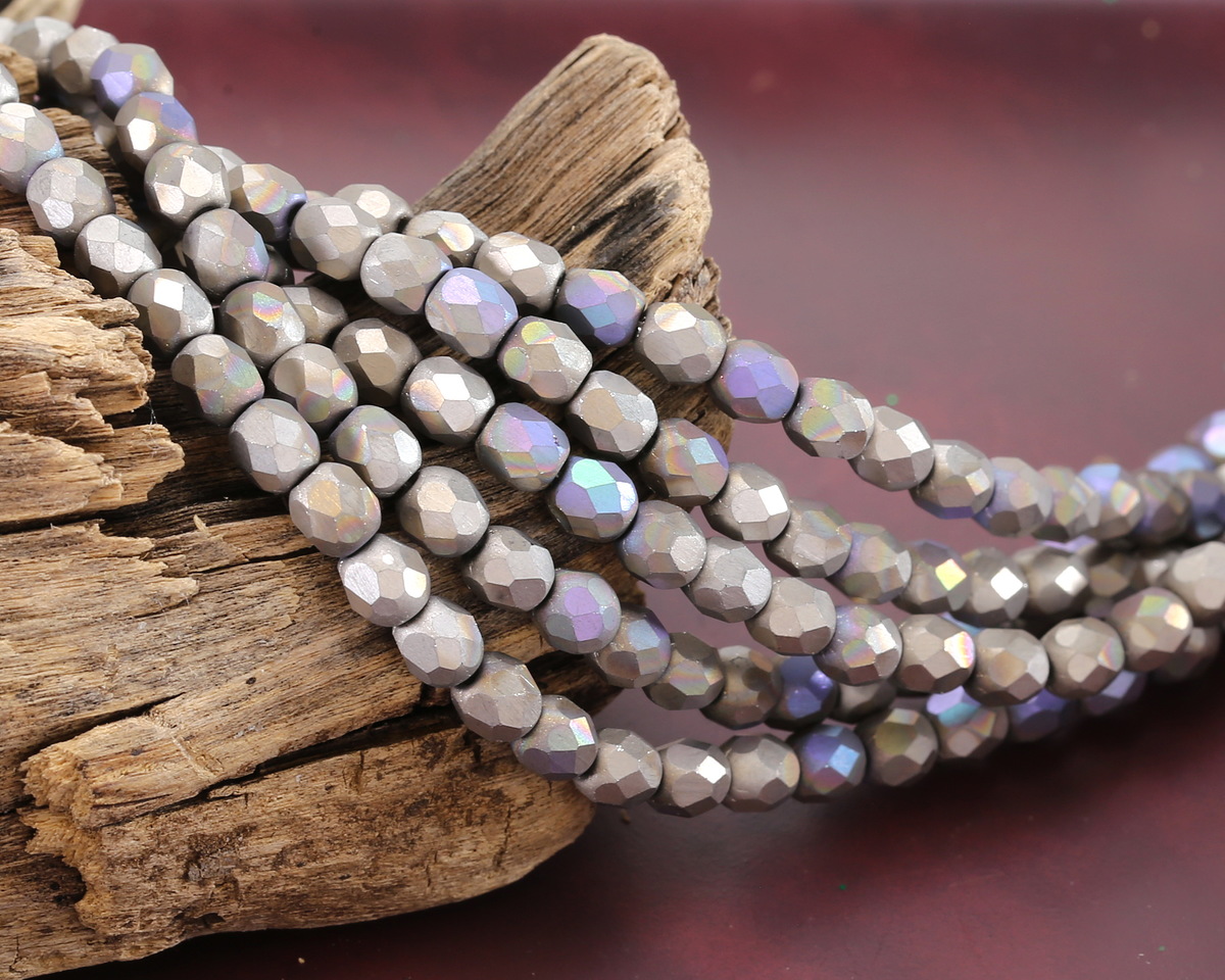 Czech Glass Matte Antique Silver AB Fire Polished Round 4mm