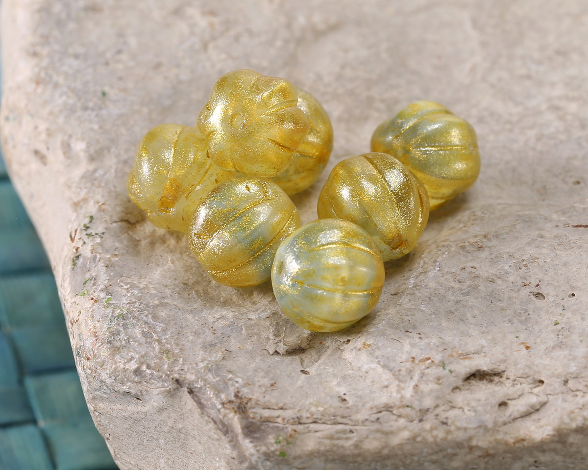 Czech Glass Ice Blue w/ Gold Luster Melon Round 8mm