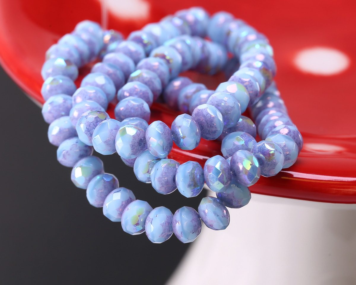 Czech Glass Sky Blue AB w/ Purple Wash Fire Polished Rondelle 3x5mm