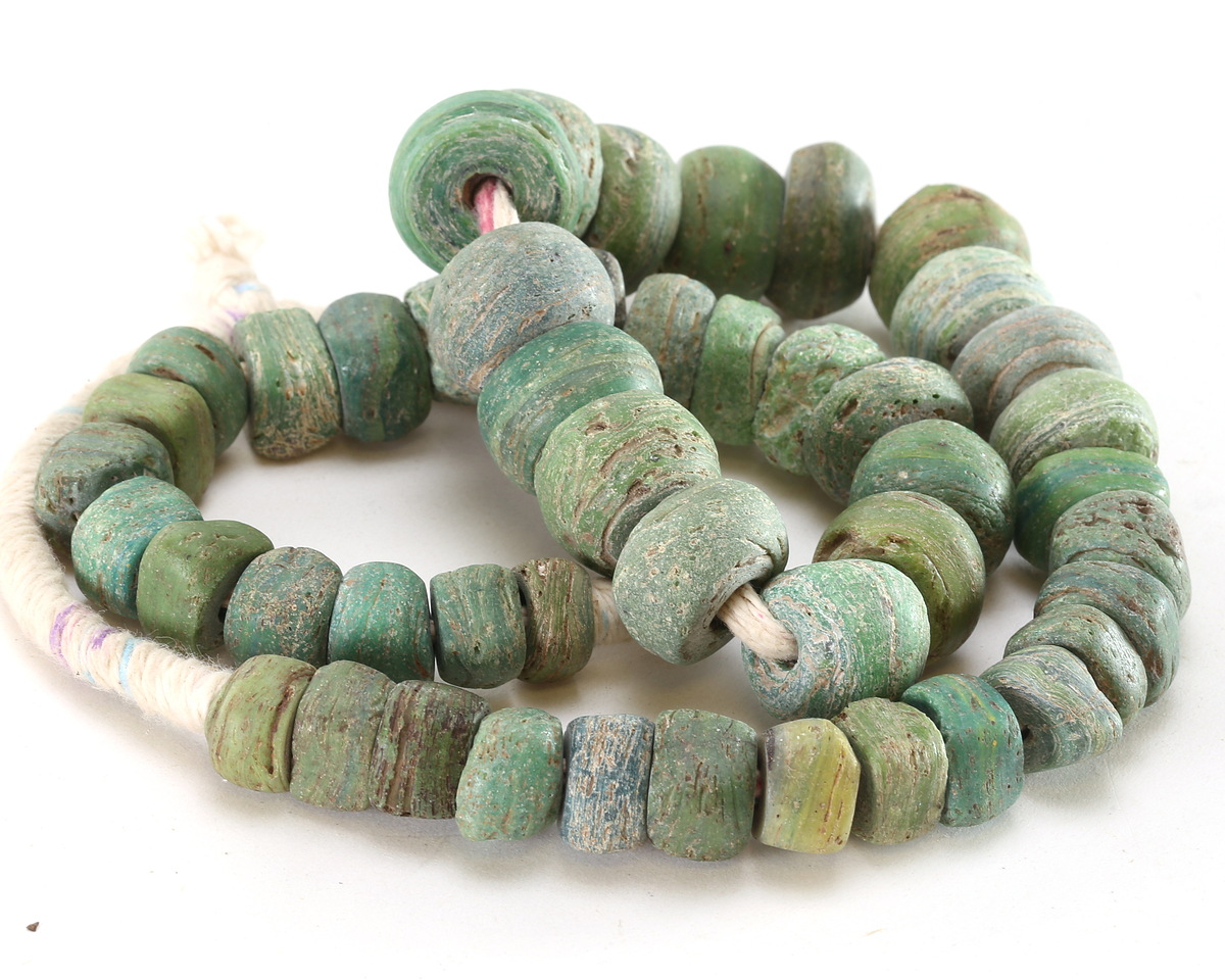 African Glass Green Graduated Antique Hebron Beads 6x15-11x20mm