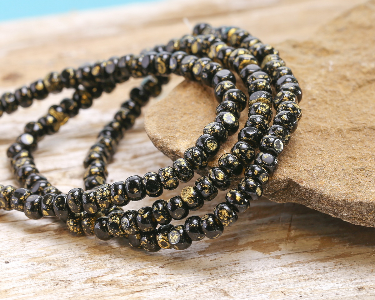 Czech Glass Textured Jet w/ Antique Gold Trica Beads 3x4mm