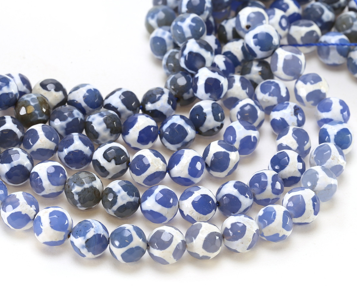 Tibetan (Dzi) Agate Patterned Blue & White Faceted Round 10mm