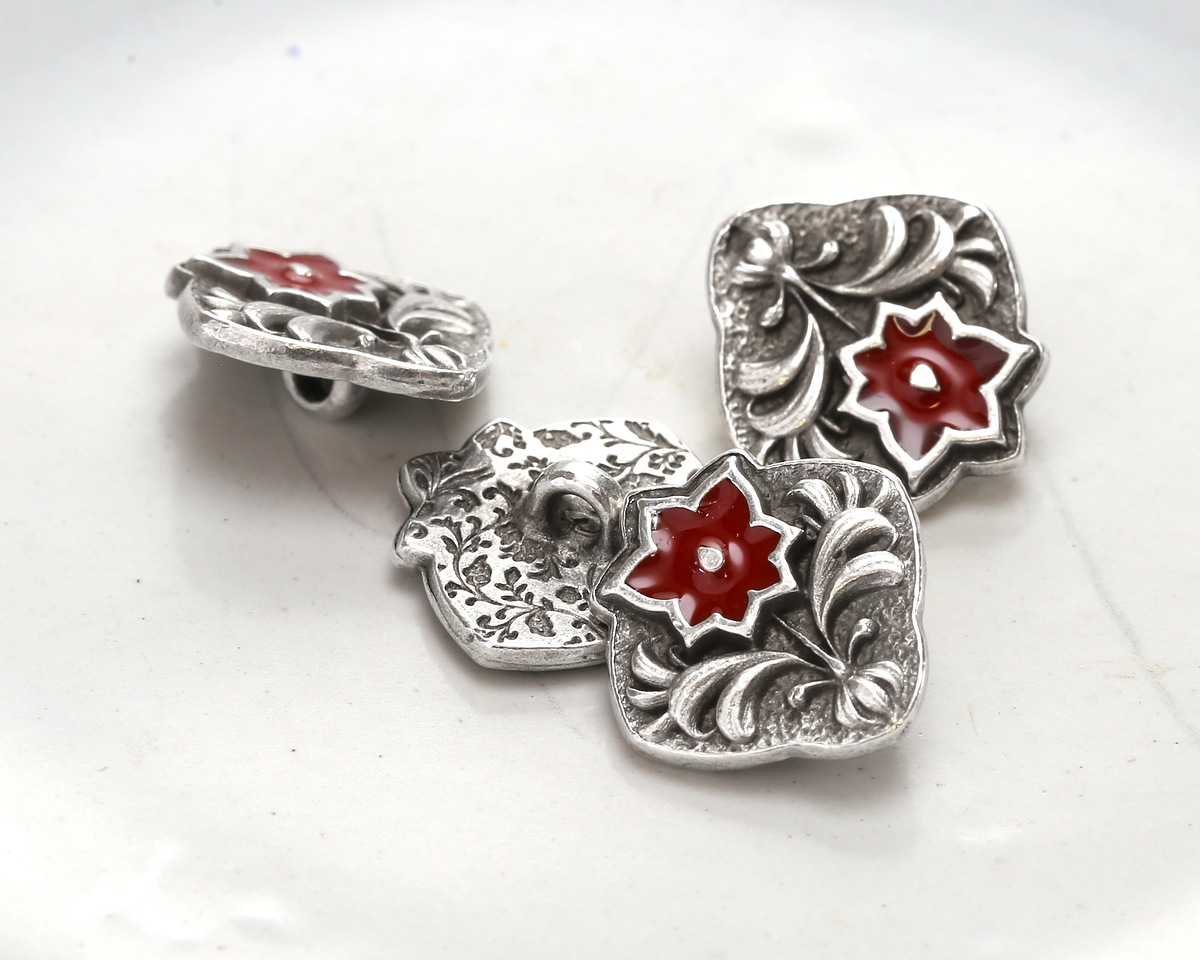 TierraCast Antique Silver (plated) Red Enamel Flower Square Button 14x15mm