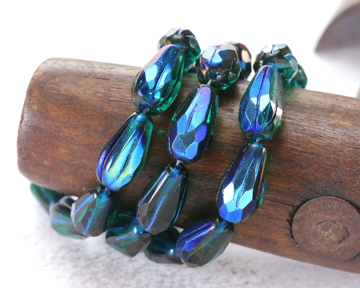 Czech Glass Emerald AB w/ Cobalt Faceted Teardrop 15x8mm