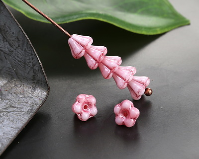 Czech Glass Strawberries & Cream w/ Metallic Pink Bellflower 5x6mm
