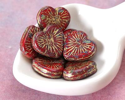 Czech Glass Ruby Red Picasso w/ Gold Wash Starburst Heart 14mm