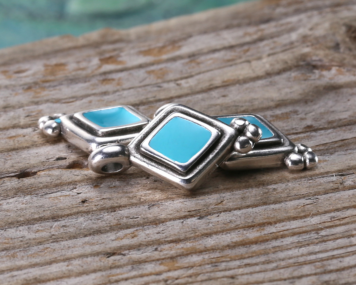 Antique Silver (plated) Turquoise Enamel Beaded Diamond Focal 10x17mm