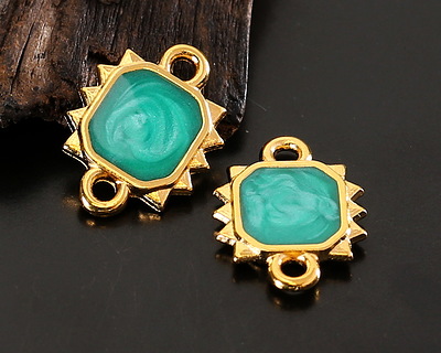 24K Gold (plated) Emerald Pearl Enamel Square Sun Focal Link 19x10mm