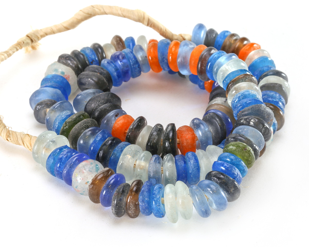 African Recycled Glass Multi Blue/Orange/Green Mini Donut 11-13mm