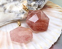 Red Strawberry Quartz w/ Gold Finish Faceted Hexagon Wire Wrapped Pendant 20x25mm