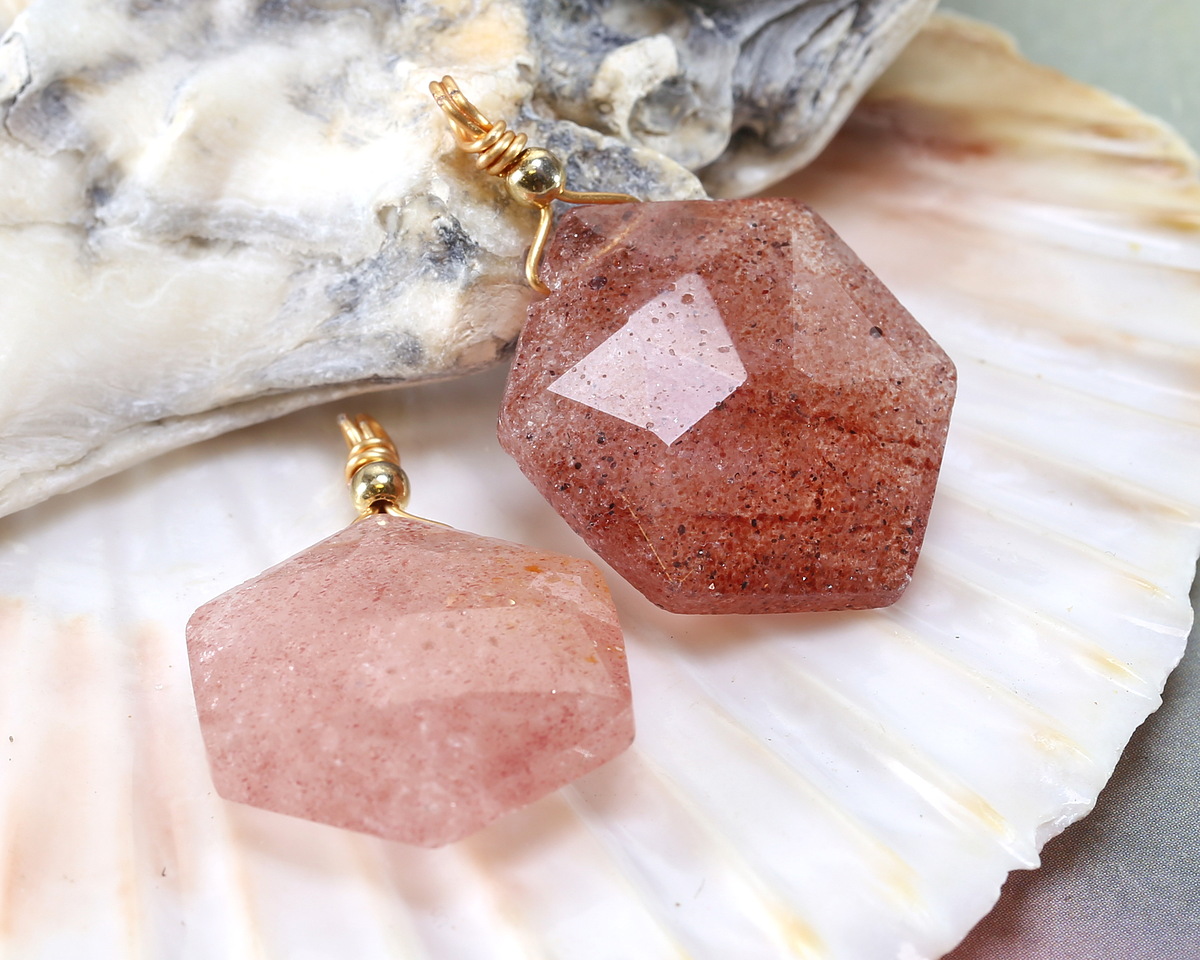 Red Strawberry Quartz w/ Gold Finish Faceted Hexagon Wire Wrapped Pendant 20x25mm