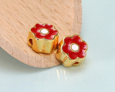 24K Gold (plated) Red/White Enamel Daisy Bead 8mm