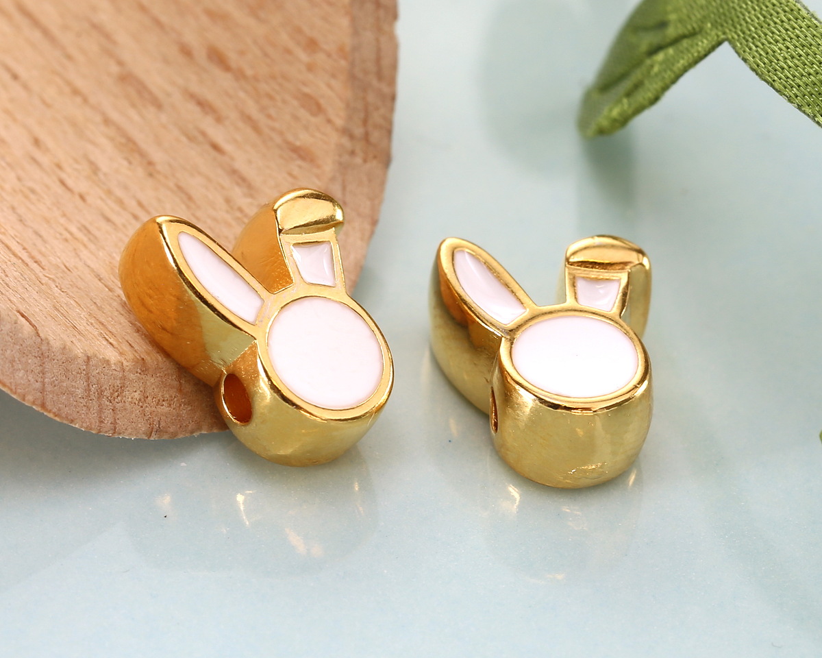 24K Gold (plated) White Enamel Cute Bunny Head Bead 9x12mm