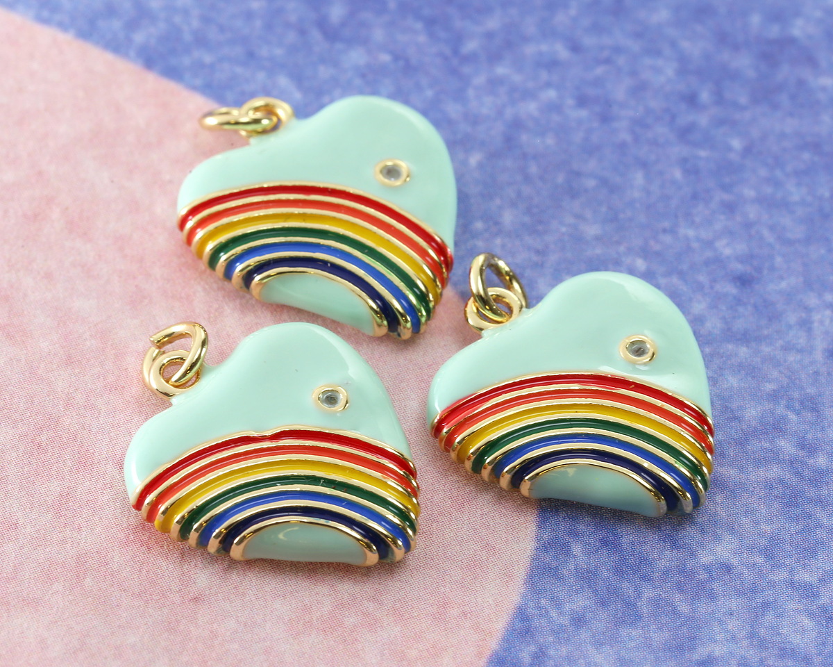 Sweet Mint Enamel w/ Rainbow & Gold Finish Heart Pendant 18x20mm