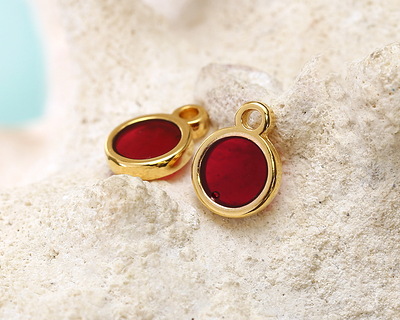 24K Gold (Plated) Transparent Ruby Red Resin Round Focal 8x11mm