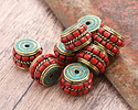 Nepalese Brass w/ Turquoise Ends & Coral Dots Double Banded Barrel Bead 9-10x13-14mm
