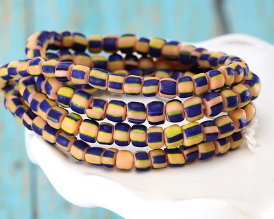 Java Glass Navy & Peach w/ Stripes Graduated Gooseberry Beads 3-6x4-6mm