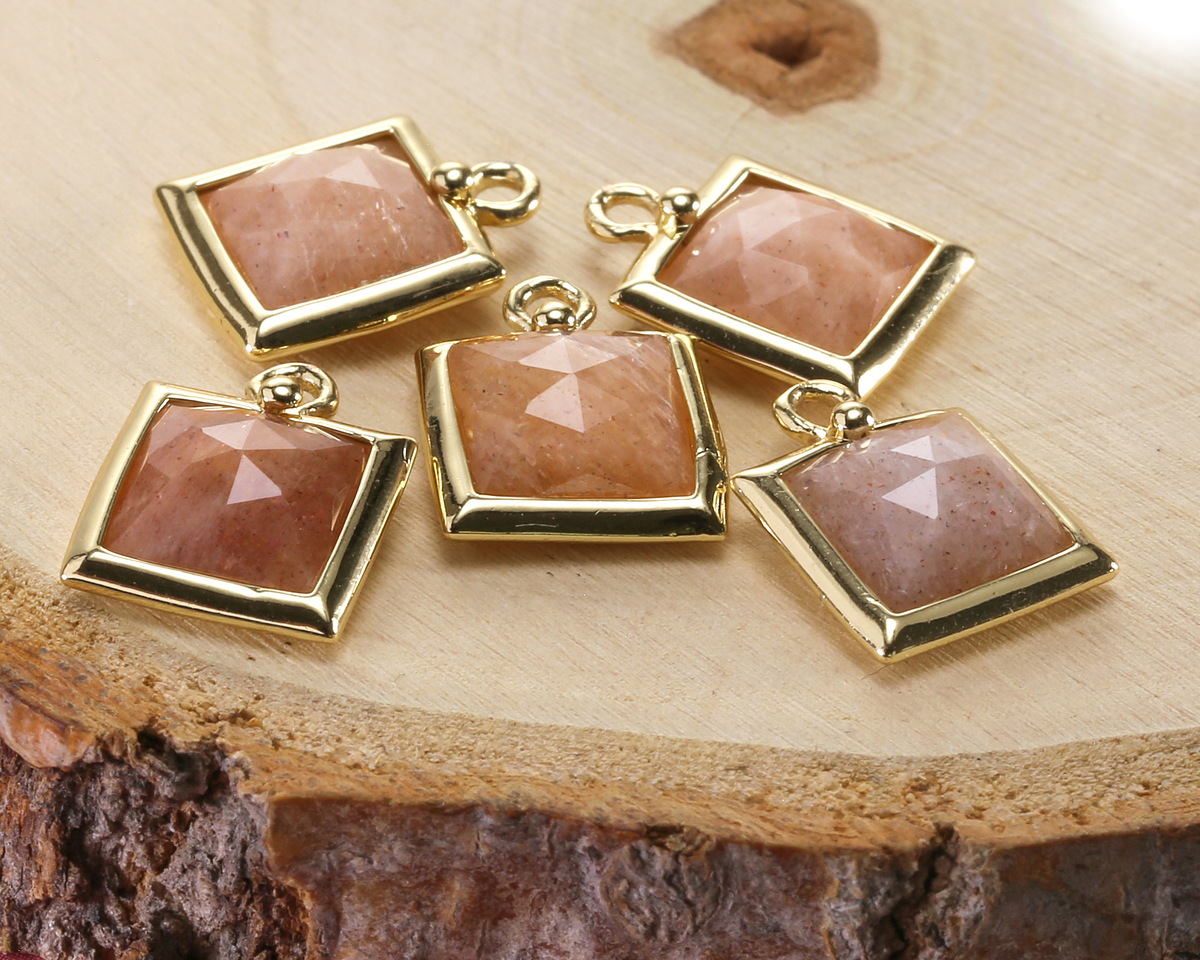 Peach Moonstone w/ Gold Finish Faceted Square Focal 10x13mm