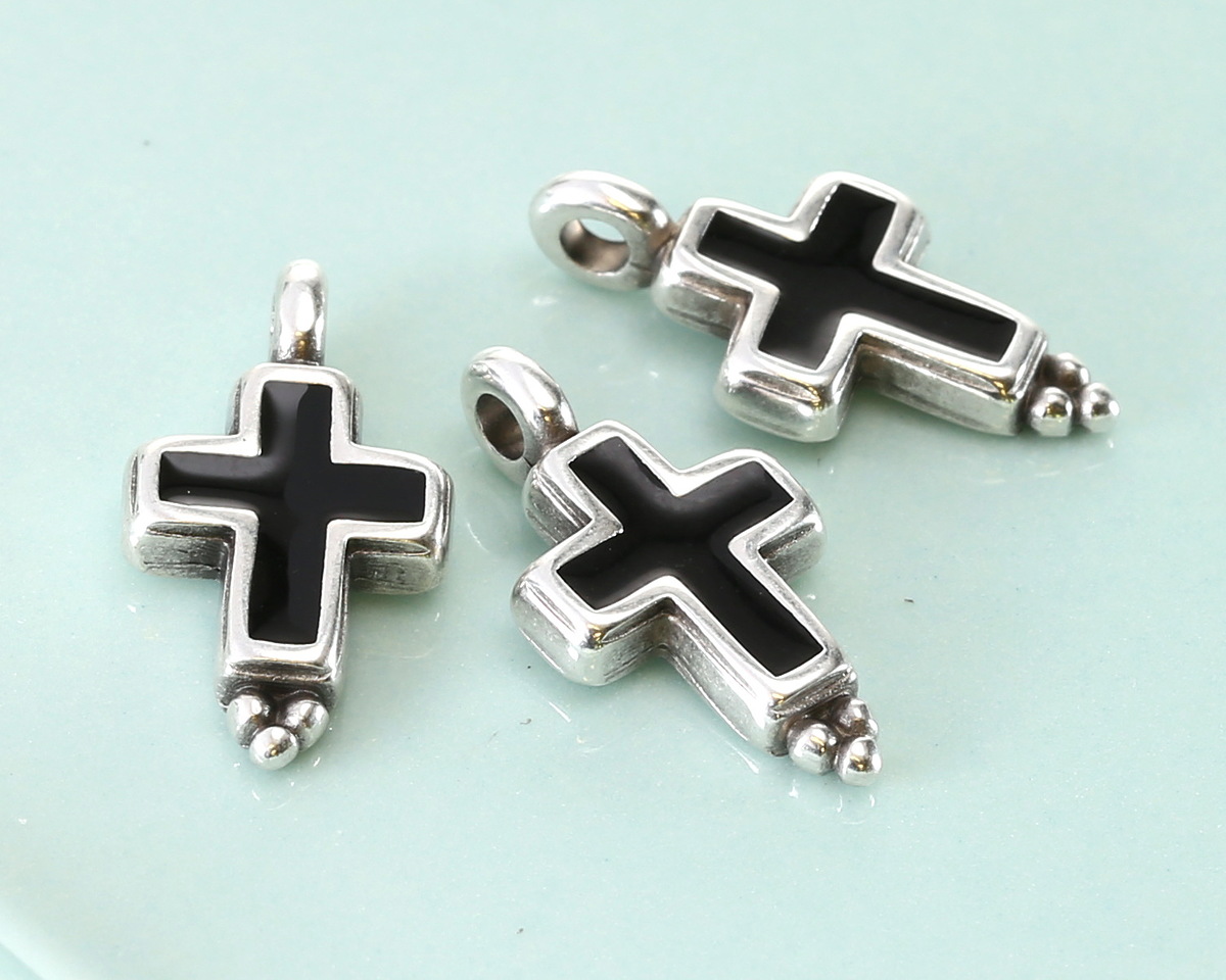 Antique Silver (plated) Jet Enamel Cross Focal 9x17mm