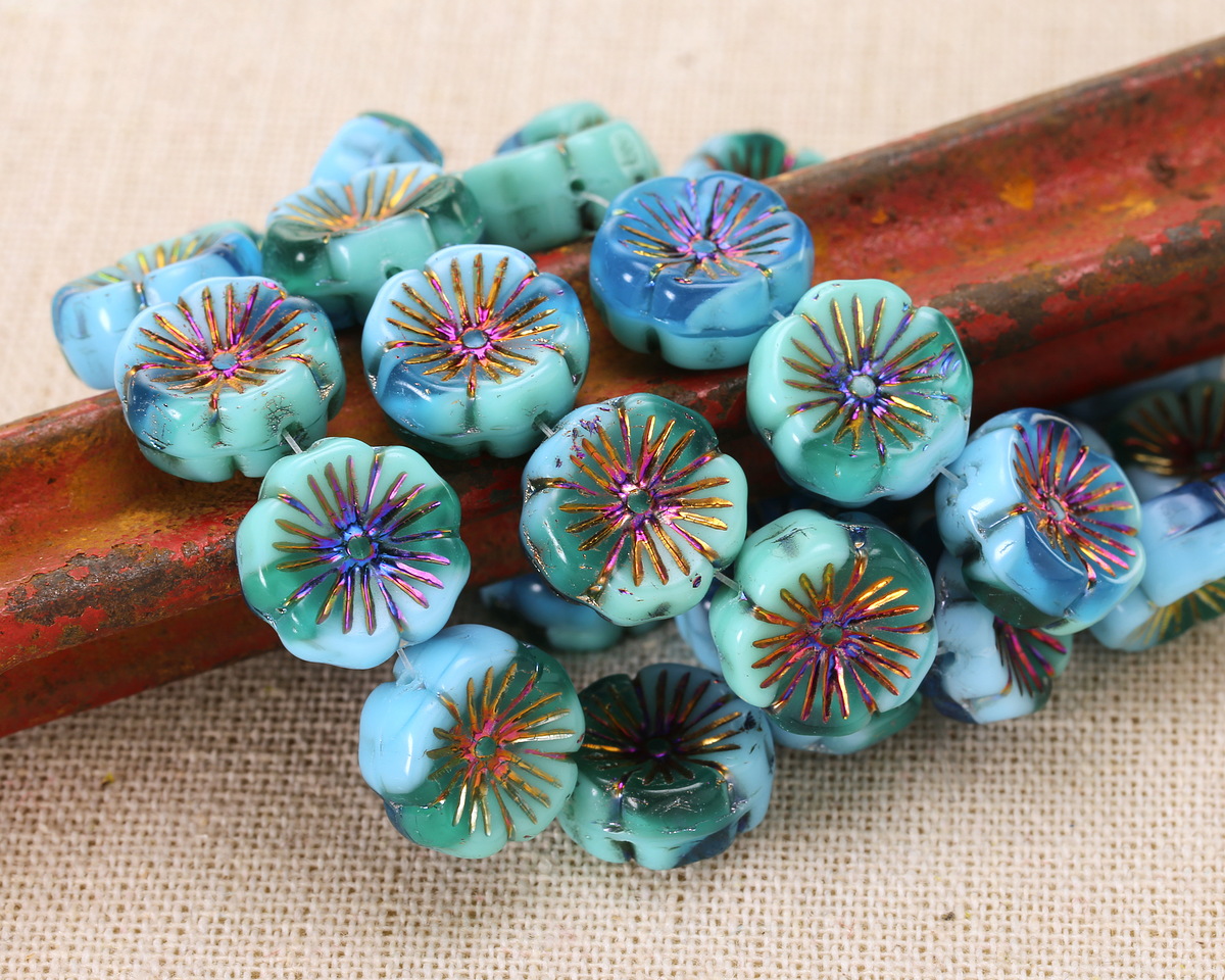 Czech Glass Aquamarine Waters w/ Rainbow Metallic Hibiscus Coin 14mm